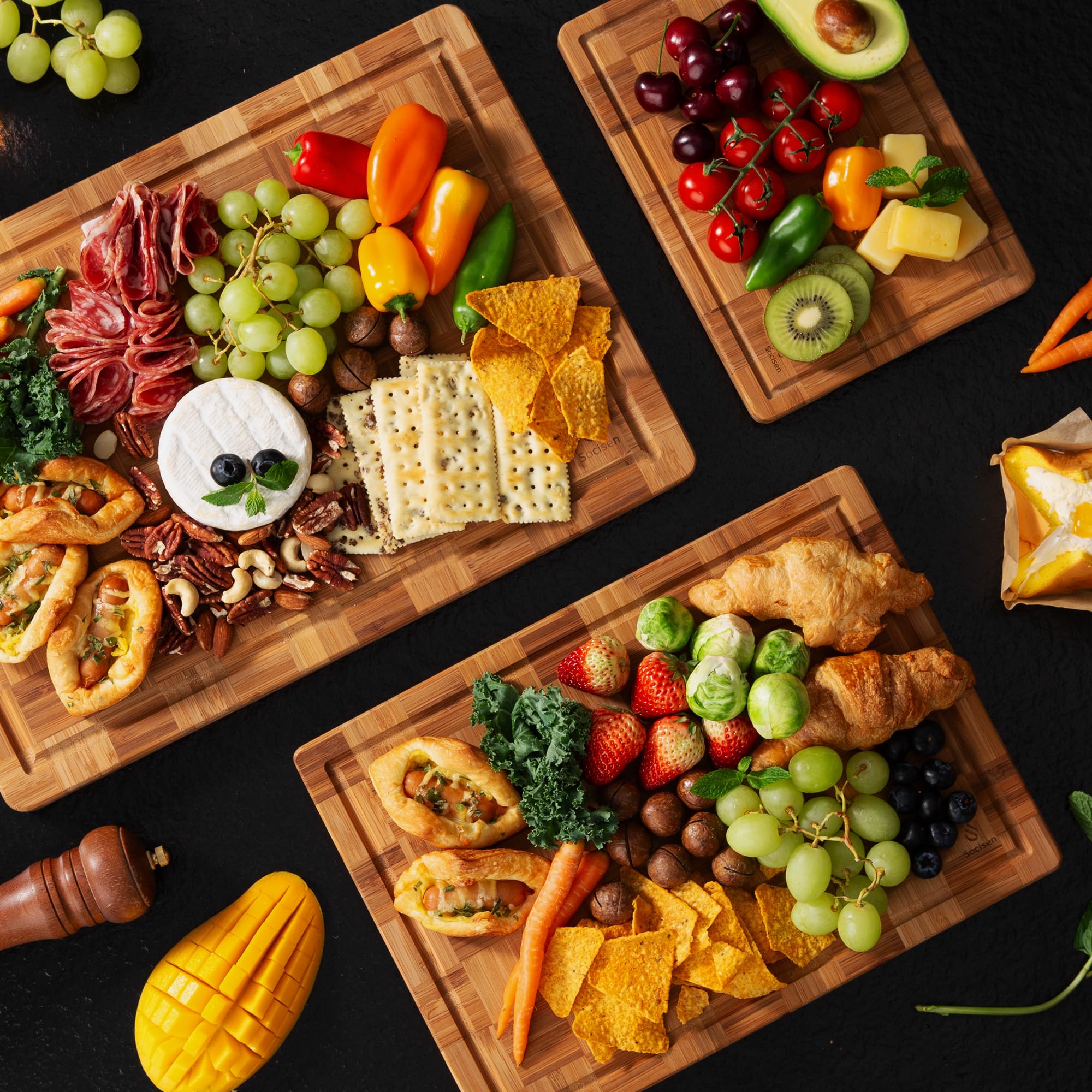 Socisen boards next to chef knife illustrating size and scale for meal prep