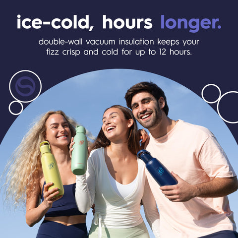 SodaStream cross-section rendering showing double-wall stainless steel insulation keeping drinks cold