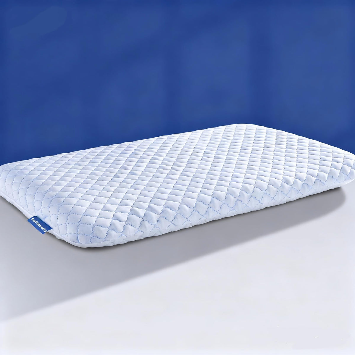 SofGlowly front view of 16x24 ultra-thin pillow showing low profile and clean finish