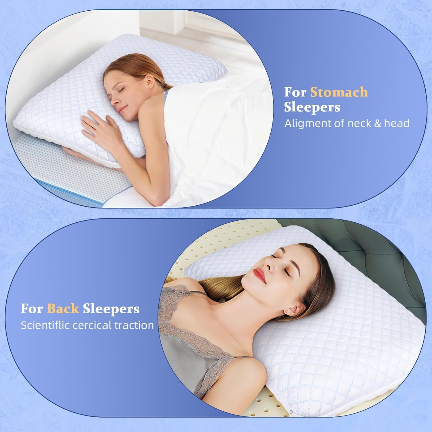SofGlowly pillow in use by a stomach sleeper demonstrating low elevation and neck comfort