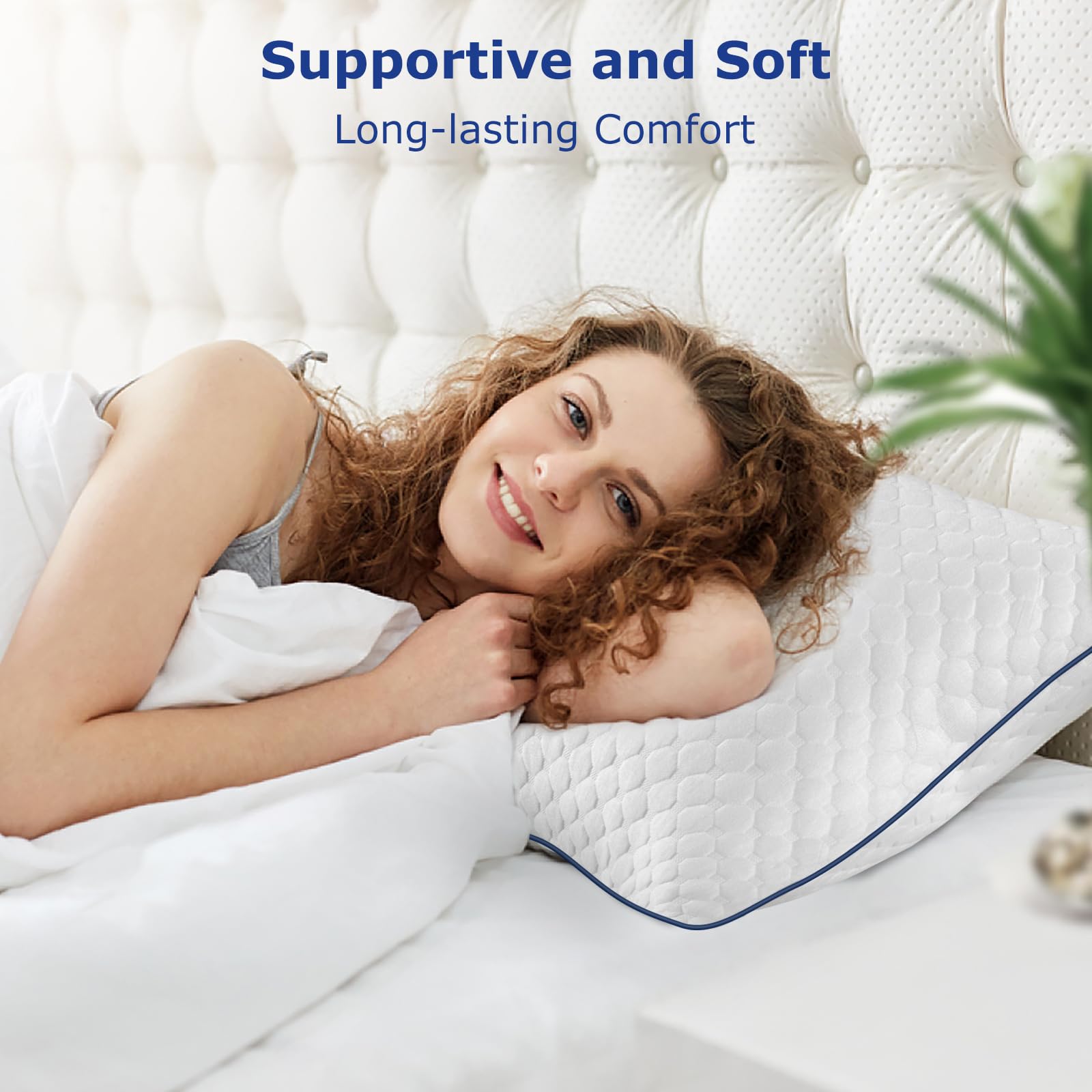 Sofslee pillow in bed lifestyle scene demonstrating cool comfort and support