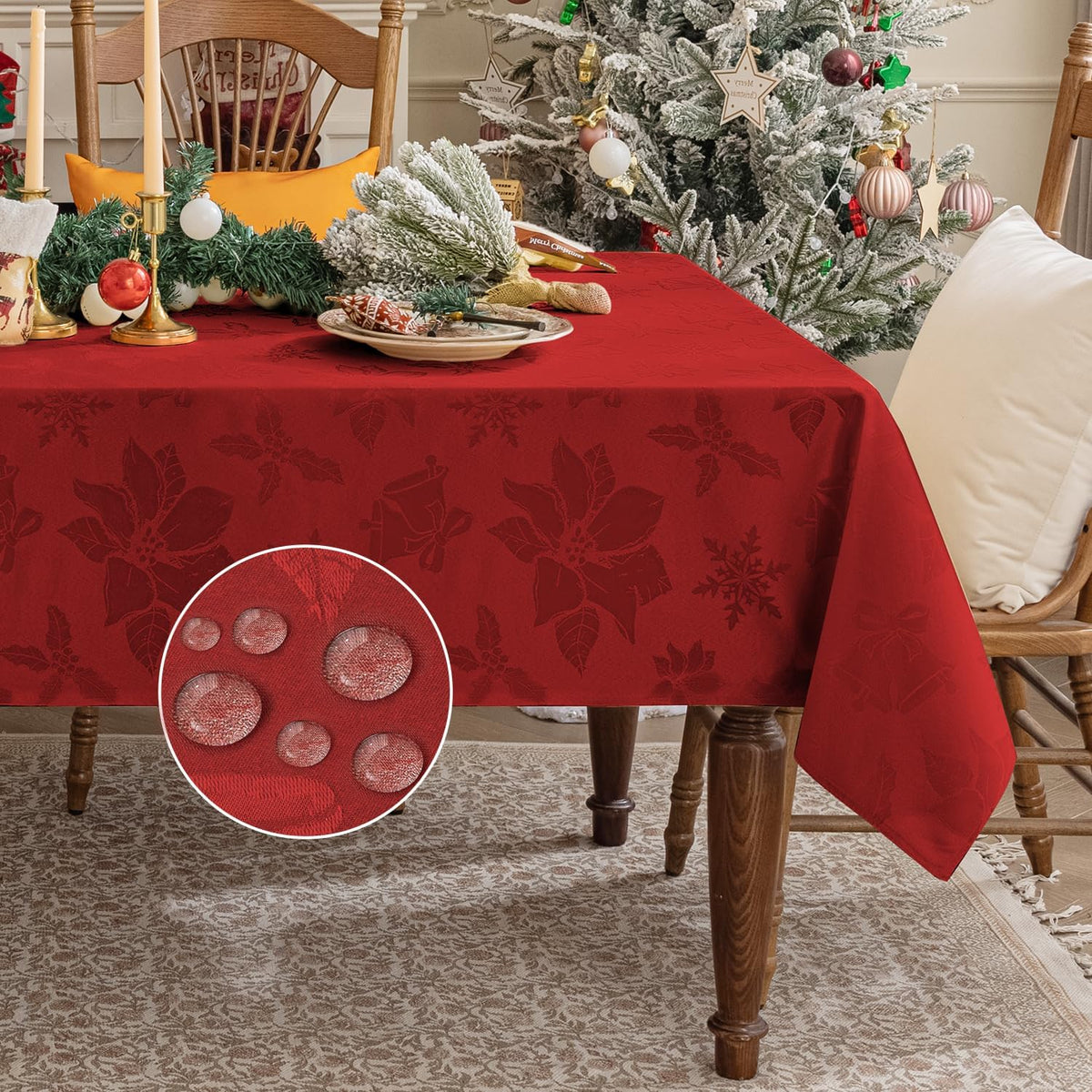 Softalker front view of red jacquard tablecloth showing full pattern and fit