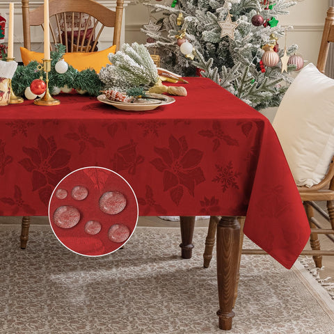 Softalker front view of red jacquard tablecloth showing full pattern and fit