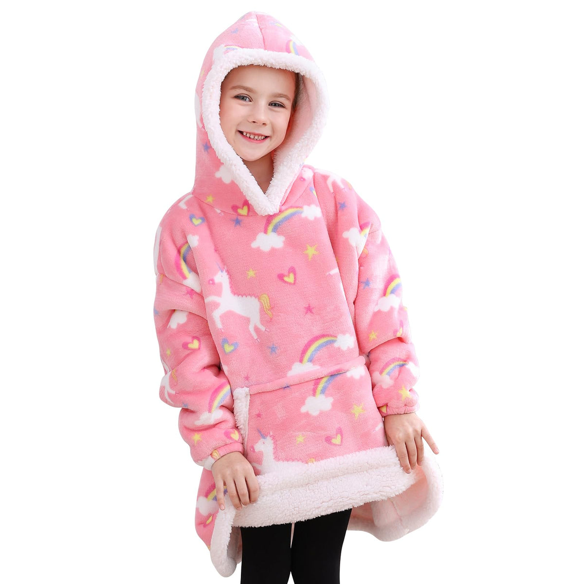 Softan front view pink unicorn hoodie showing cozy fit and playful print