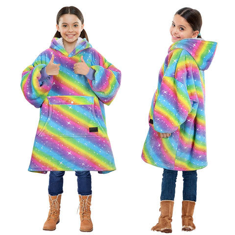 Solaris front view rainbow hoodie showing roomy fit and playful print for cozy warmth