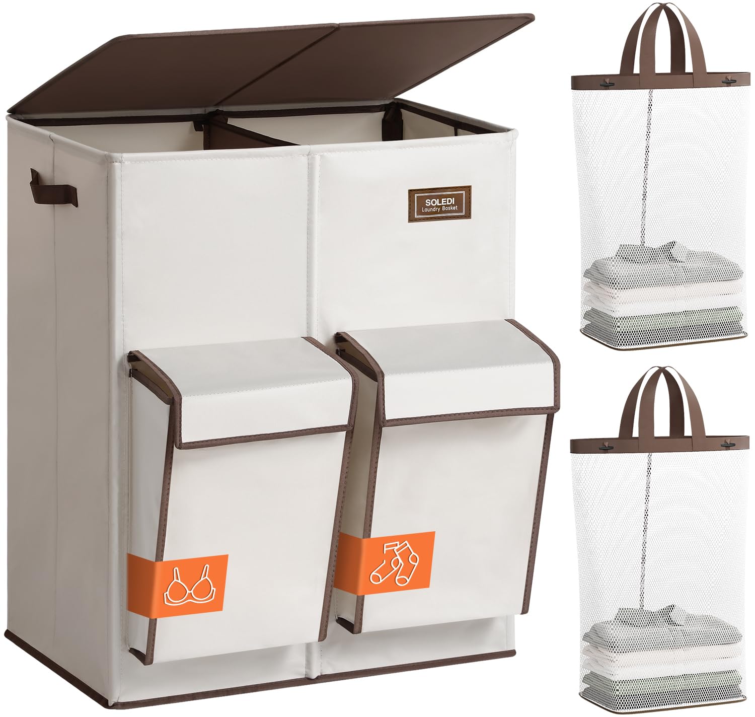 SOLEDI front view of double hamper showing four-section organization and neat storage benefit