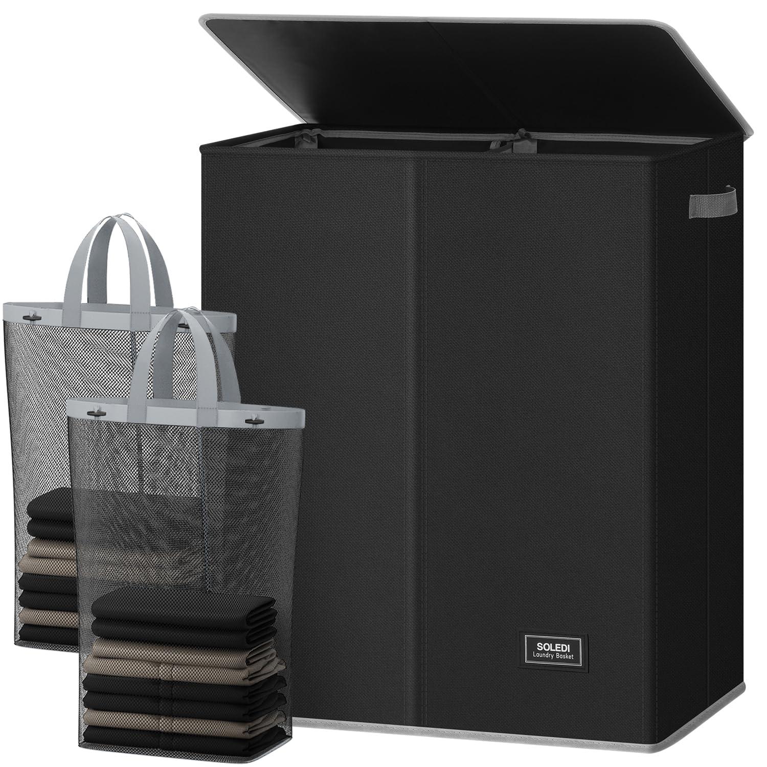 SOLEDI front view with lid showing neat storage and concealed laundry