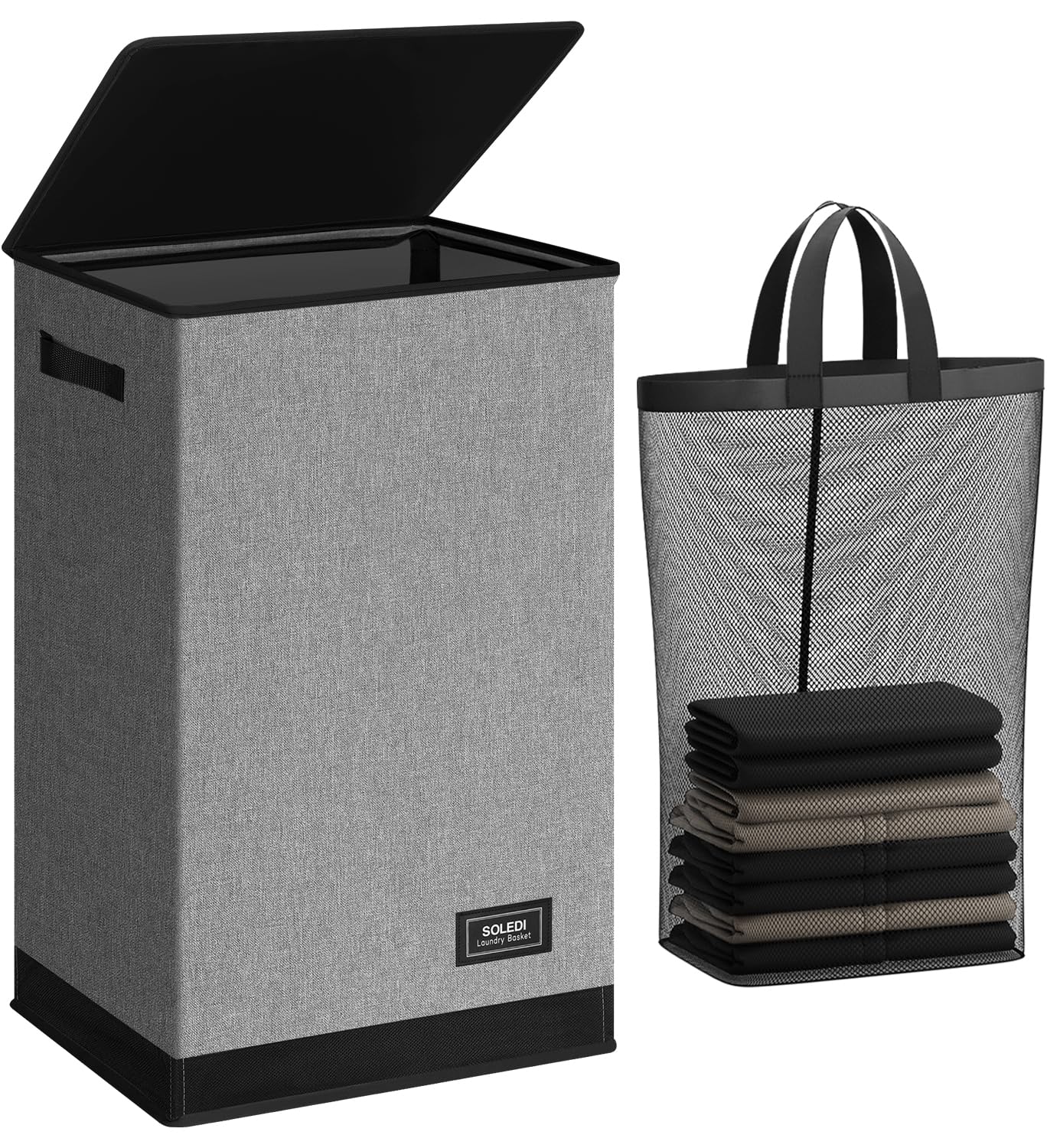 SOLEDI front view of large 90L hamper showing stable shape and capacity