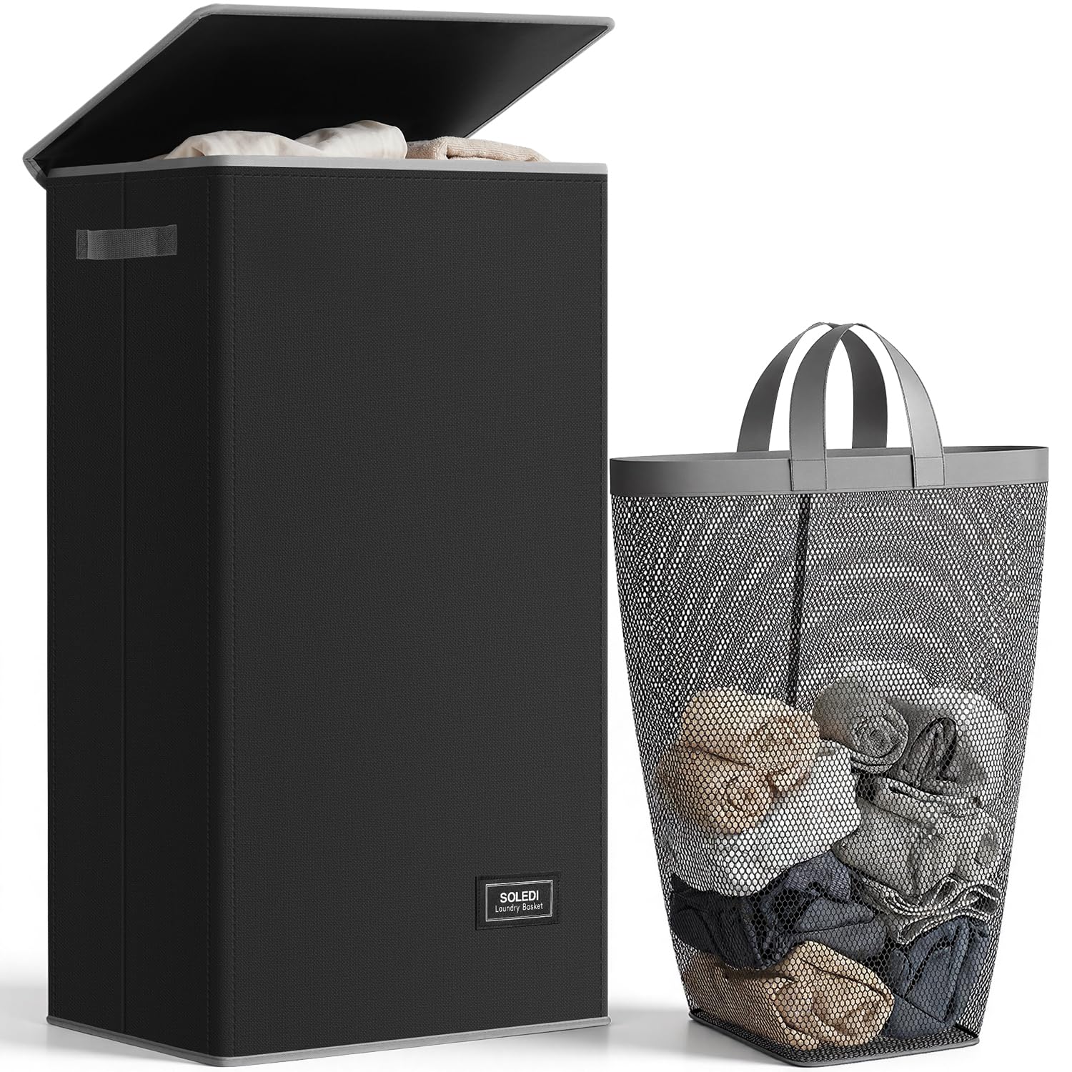 SOLEDI front view showing large-capacity hamper keeping room tidy