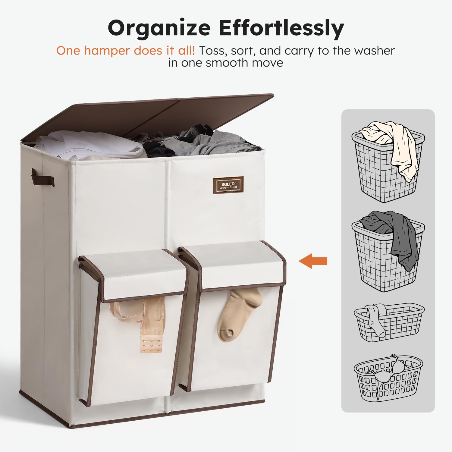 SOLEDI hamper placed in bathroom demonstrating tidy covered storage for a cleaner room