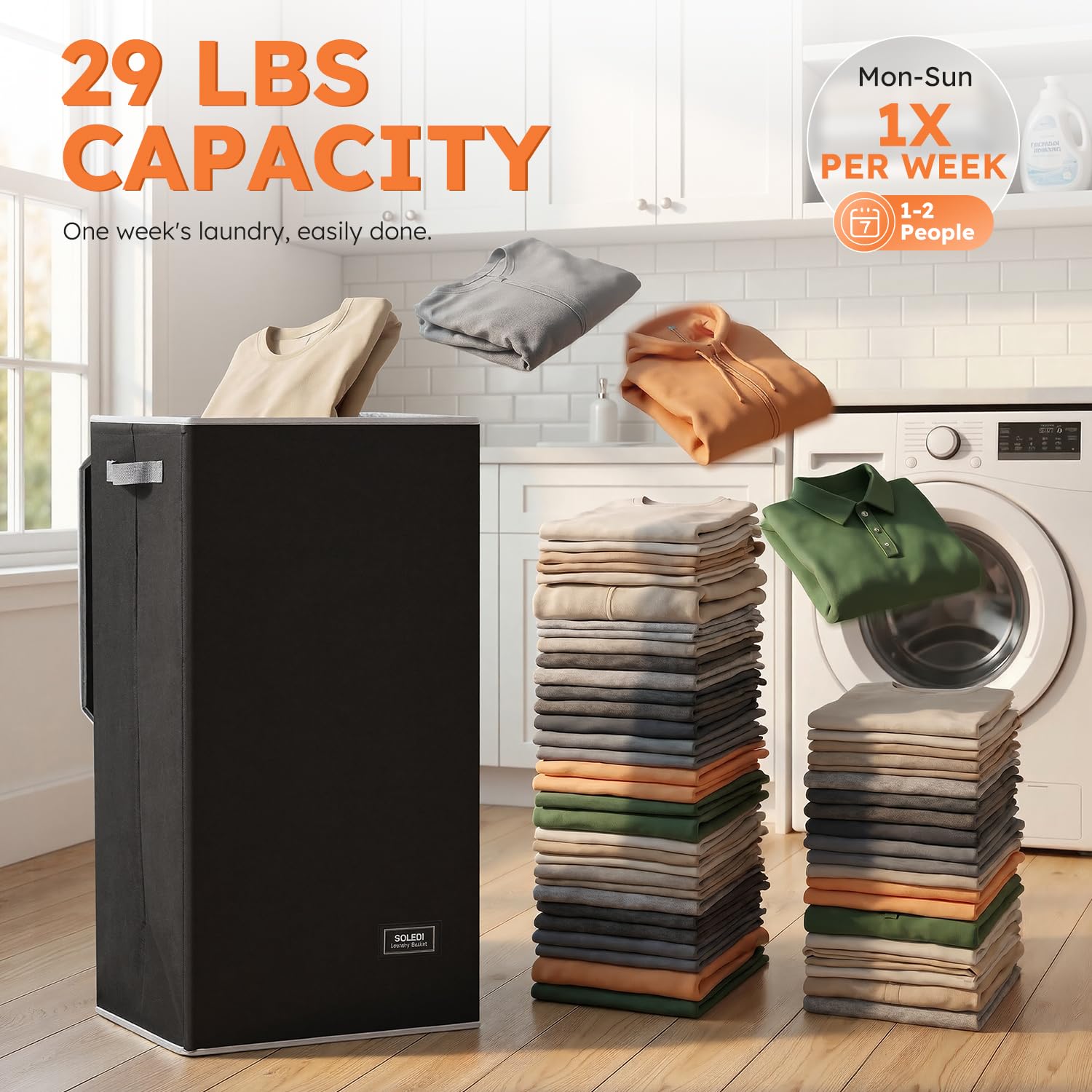 SOLEDI being carried by handles for convenient laundry trips