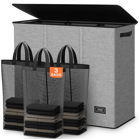 SOLEDI front view of large 3-section hamper showing capacity and neat organization