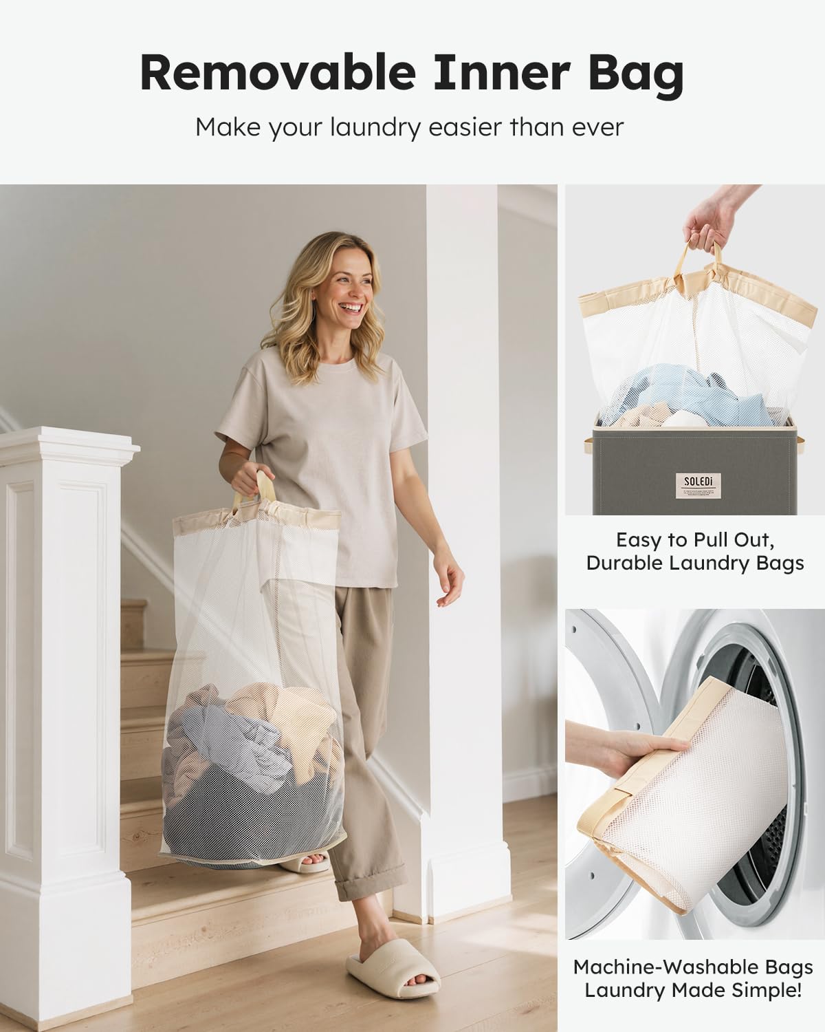 SOLEDI removable inner mesh bag shown ready to carry laundry easily