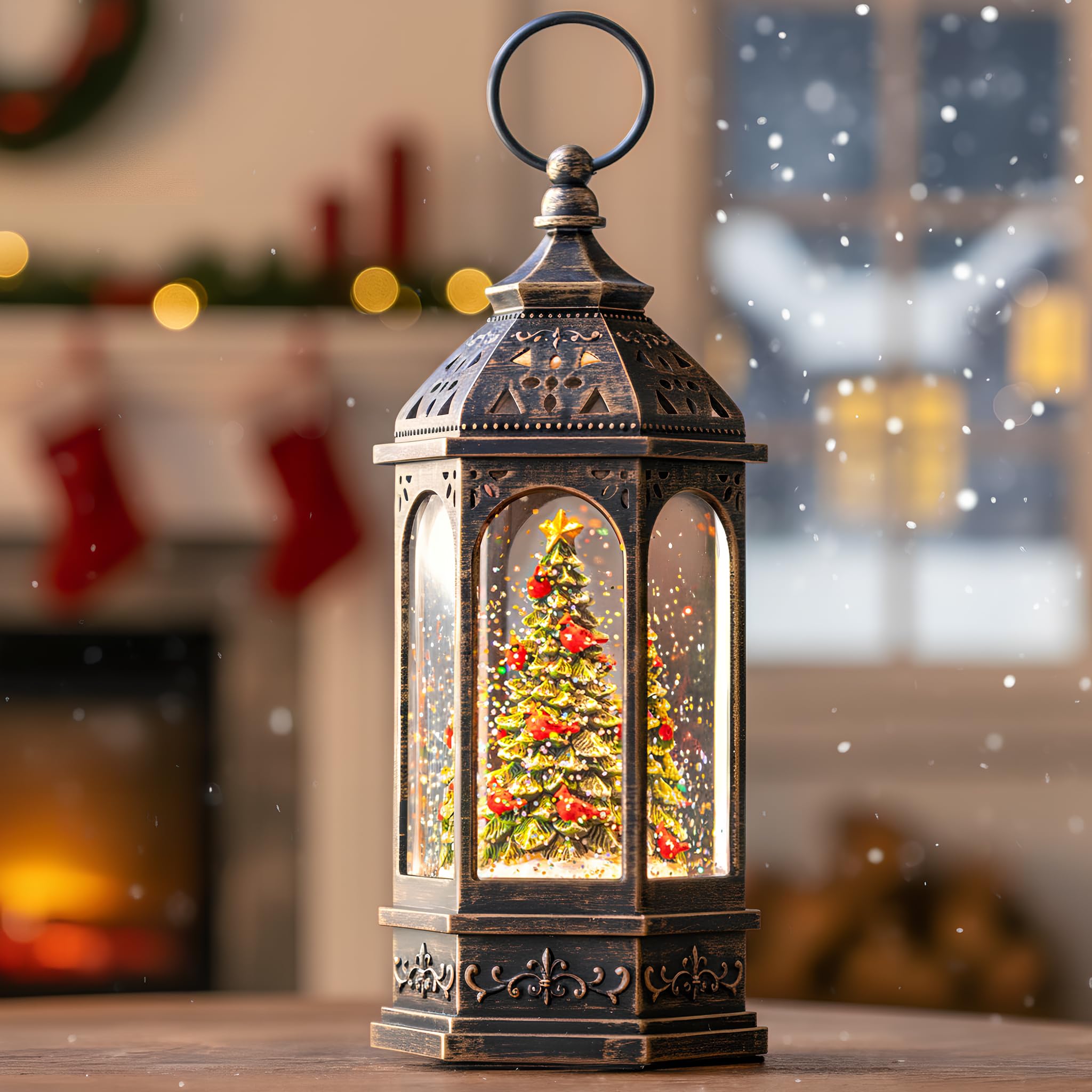 Solgicar front view showing illuminated tree and cardinals, adds instant holiday charm