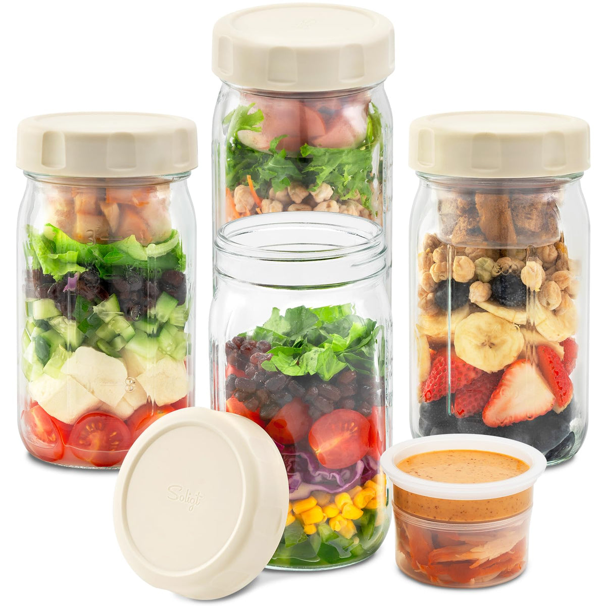 SOLIGT front view showing four 32oz glass salad jars and lids, ideal for meal prep