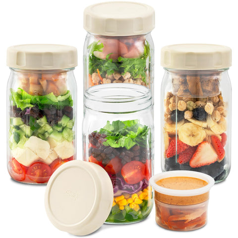 SOLIGT front view showing four 32oz glass salad jars and lids, ideal for meal prep