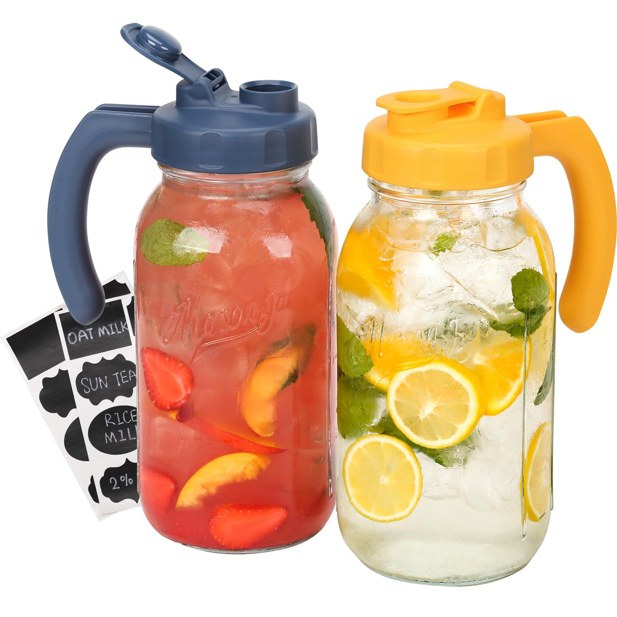 SOLIGT two-pack front view showing navy and yellow lids and clear glass, helps quick identification