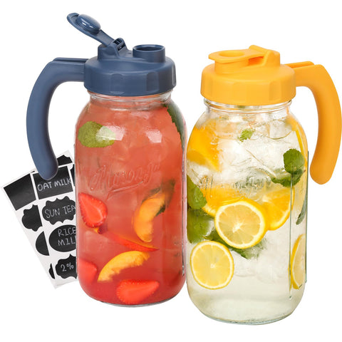 SOLIGT two-pack front view showing navy and yellow lids and clear glass, helps quick identification