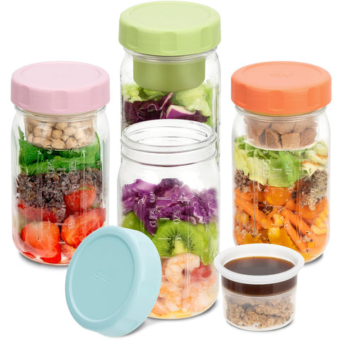 SOLIGT front view of four stacked salad jars showing lids and glass benefit freshness
