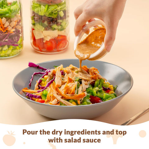 SOLIGT jars stacked in fridge with layered salads, helps organized weekly meal prep