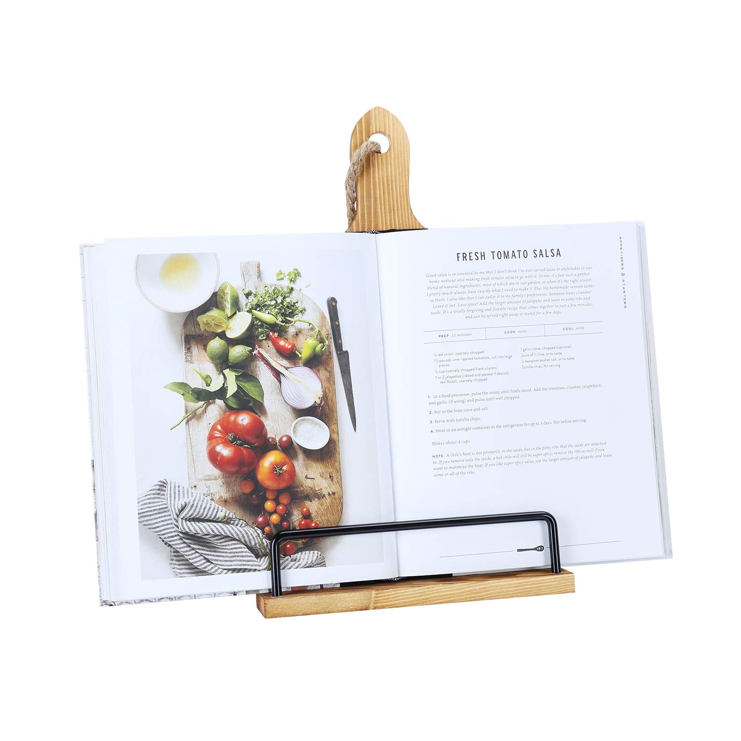 SOLIGT wooden cookbook stand front view showing stable base and warm finish