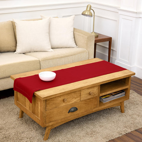 Solino Home red runner front view shows elegant hemstitch and festive color benefit