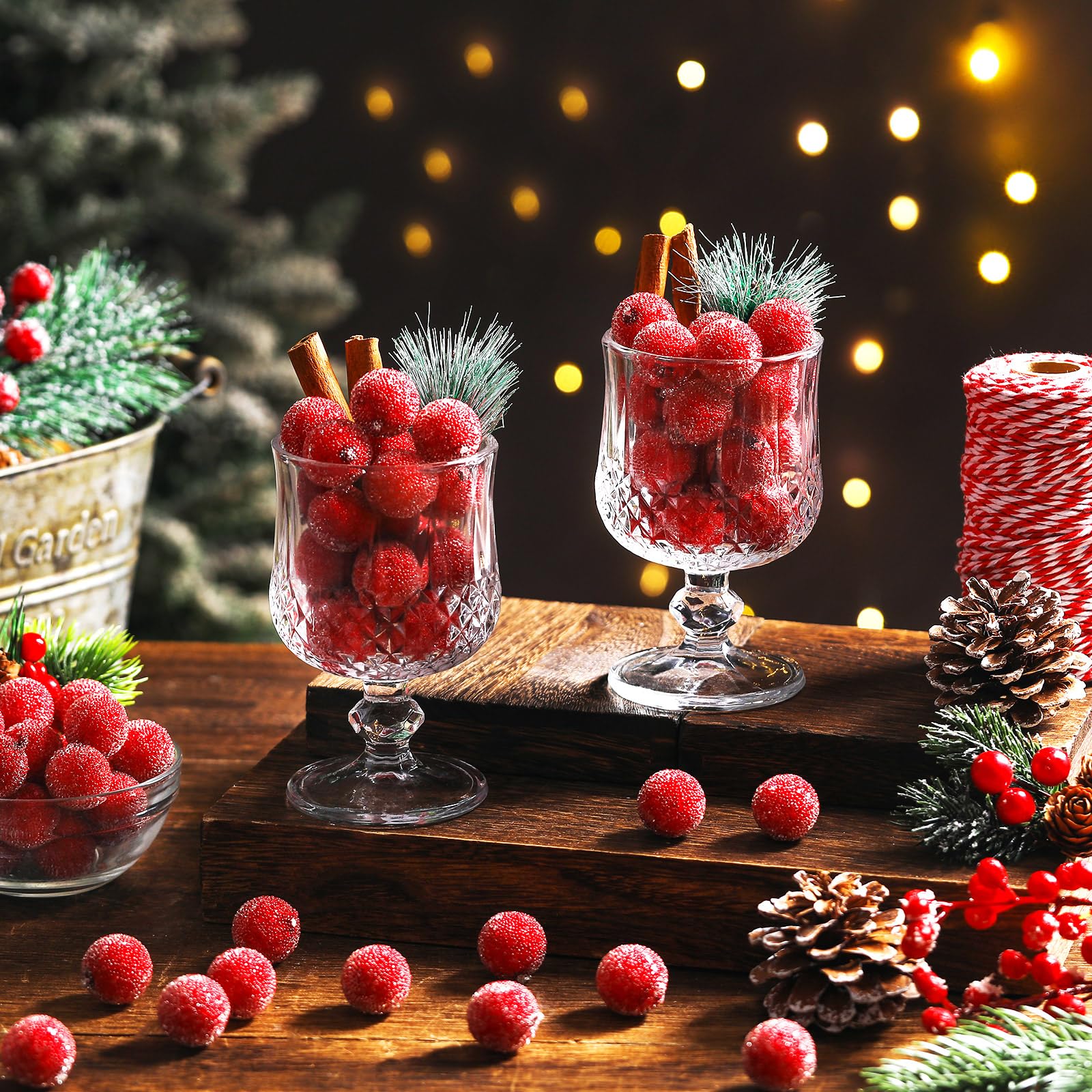 Solsew cranberries used as vase filler, provides instant holiday centerpiece color