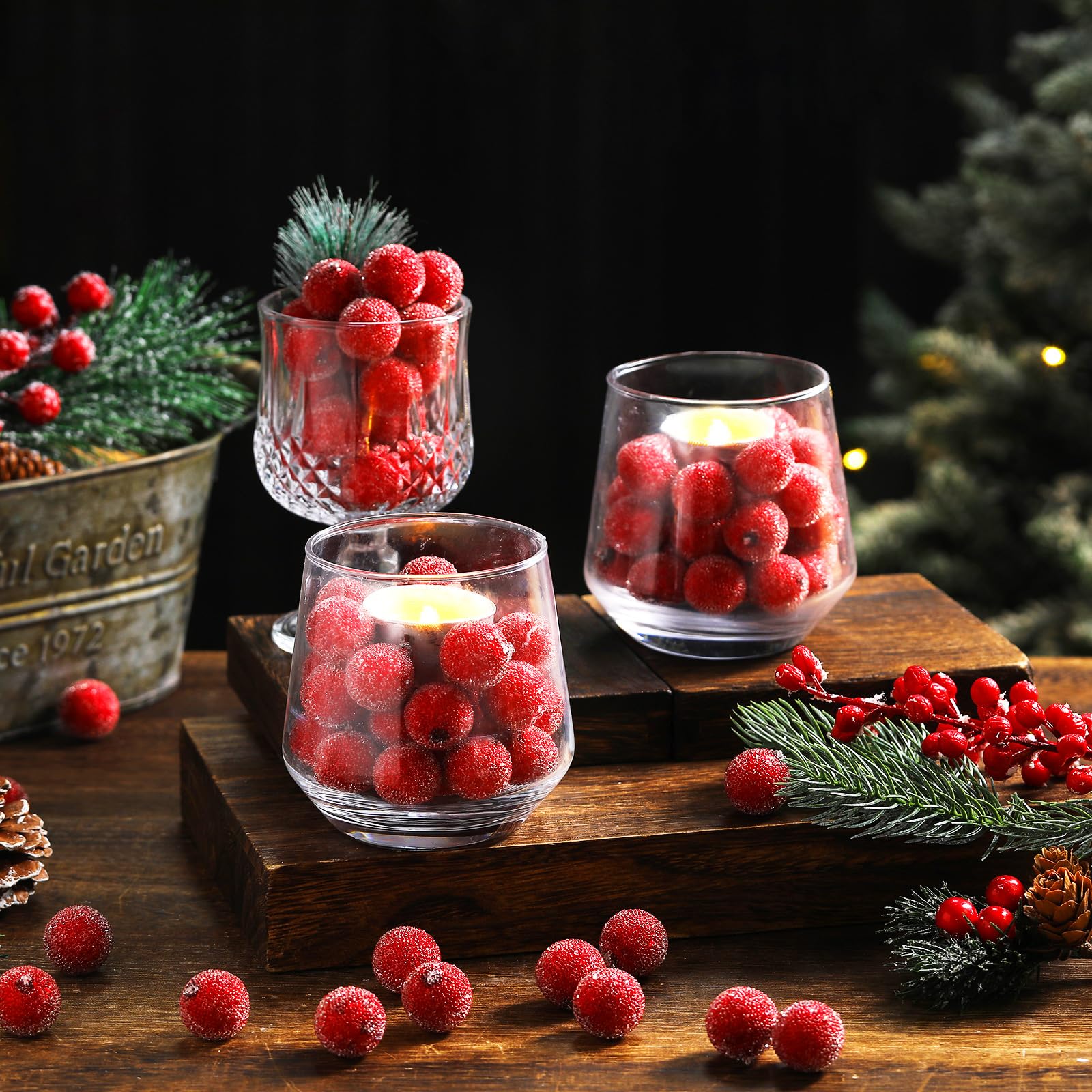 Solsew cranberries integrated into wreath detail, enhances greenery with bright red