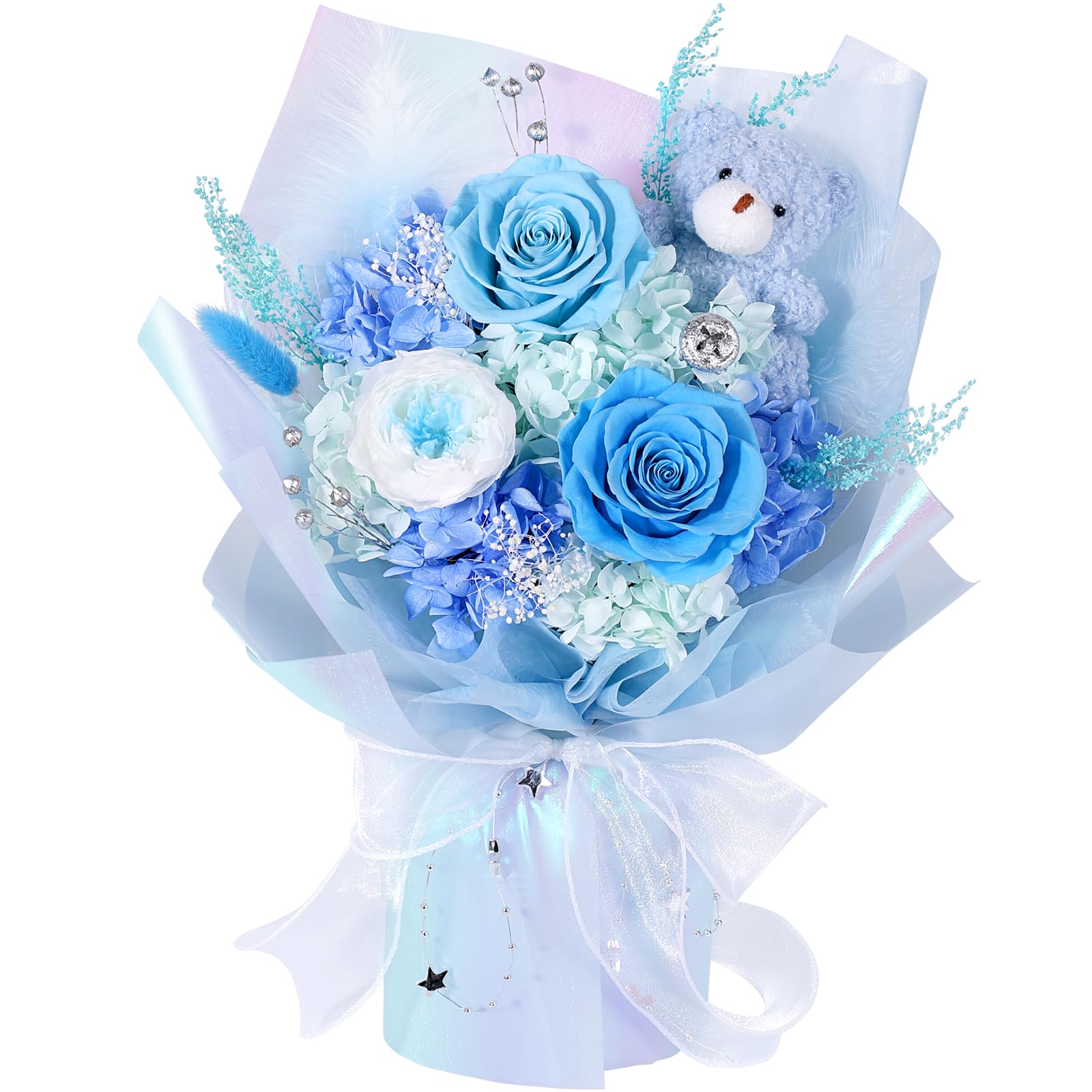 SOLUNOX front view of packaged blue preserved bouquet showing gift-ready presentation