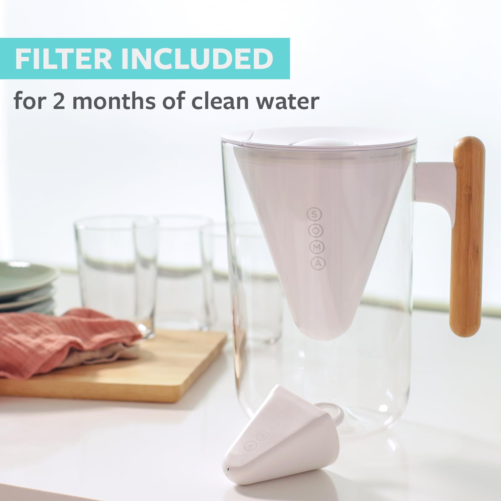Soma filter close-up revealing coconut-shell activated carbon for cleaner taste