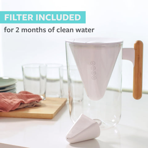 Soma filter close-up revealing coconut-shell activated carbon for cleaner taste