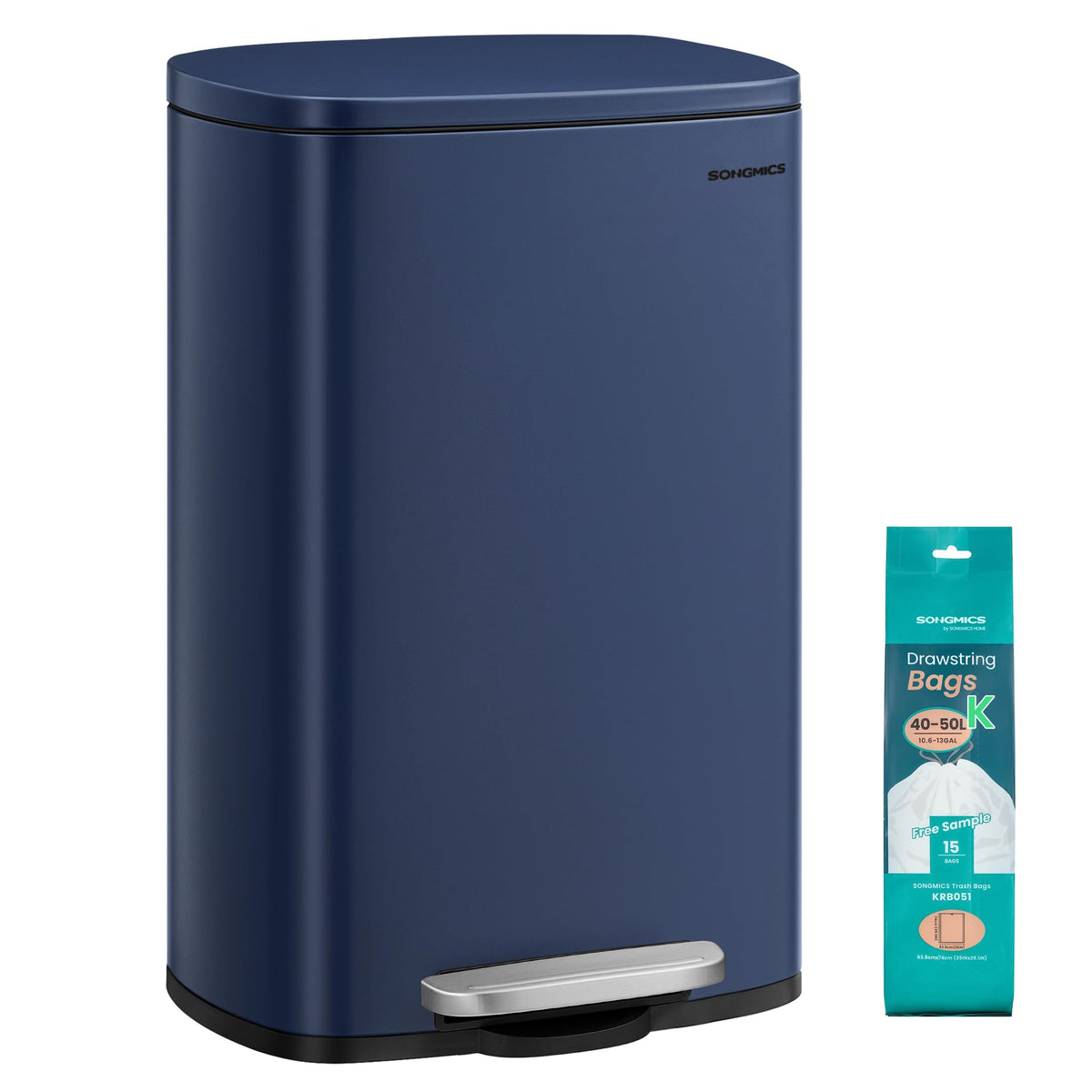 SONGMICS front view of 13 gallon bin shows sleek stainless steel and clean lines