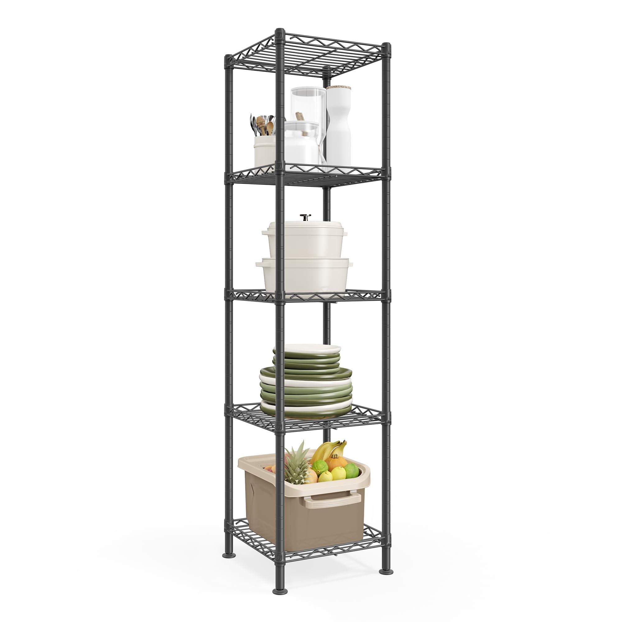 SONGMICS front view of 5-tier bathroom shelf shows compact organization benefit