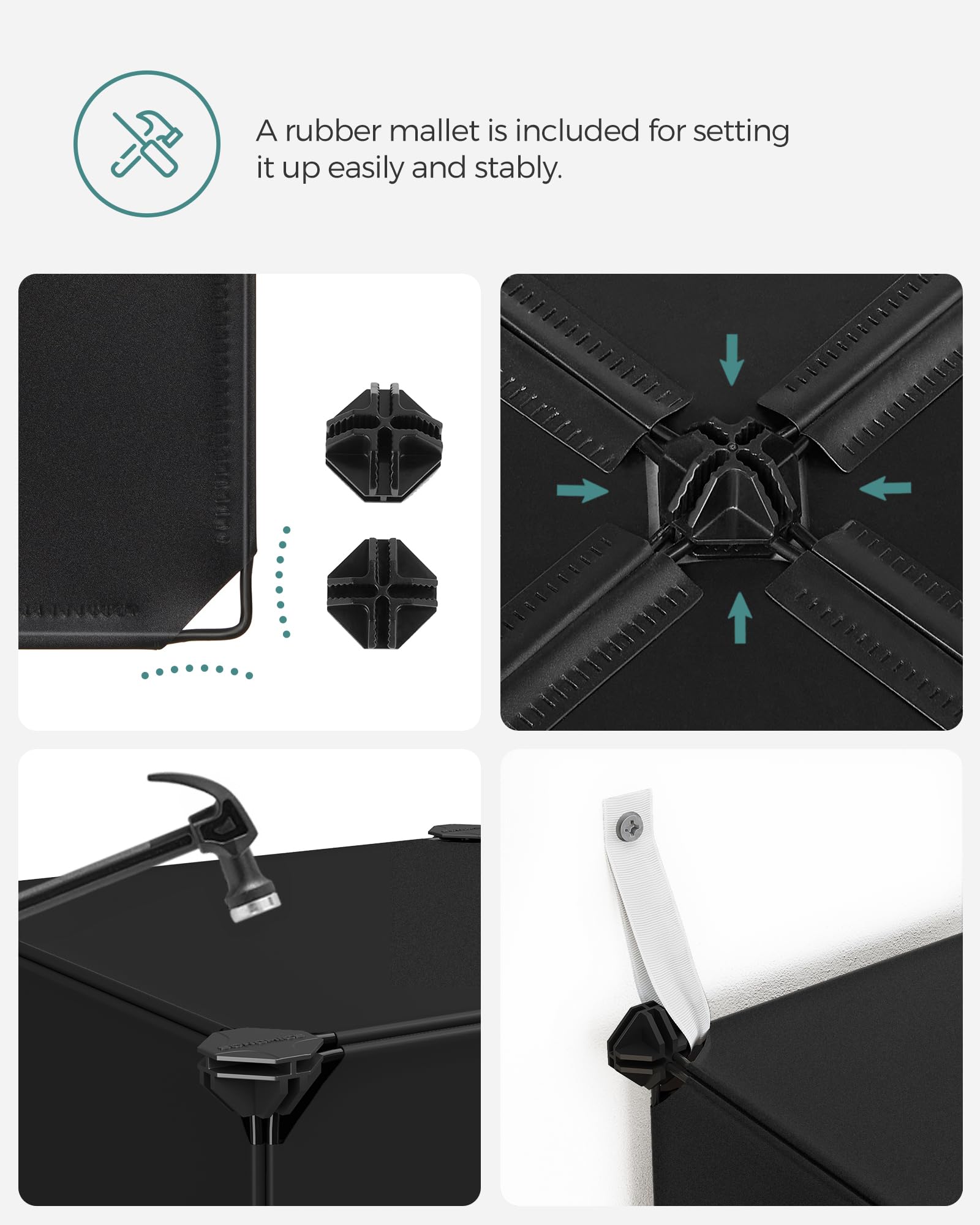SONGMICS assembly scene with rubber mallet and parts for quick setup