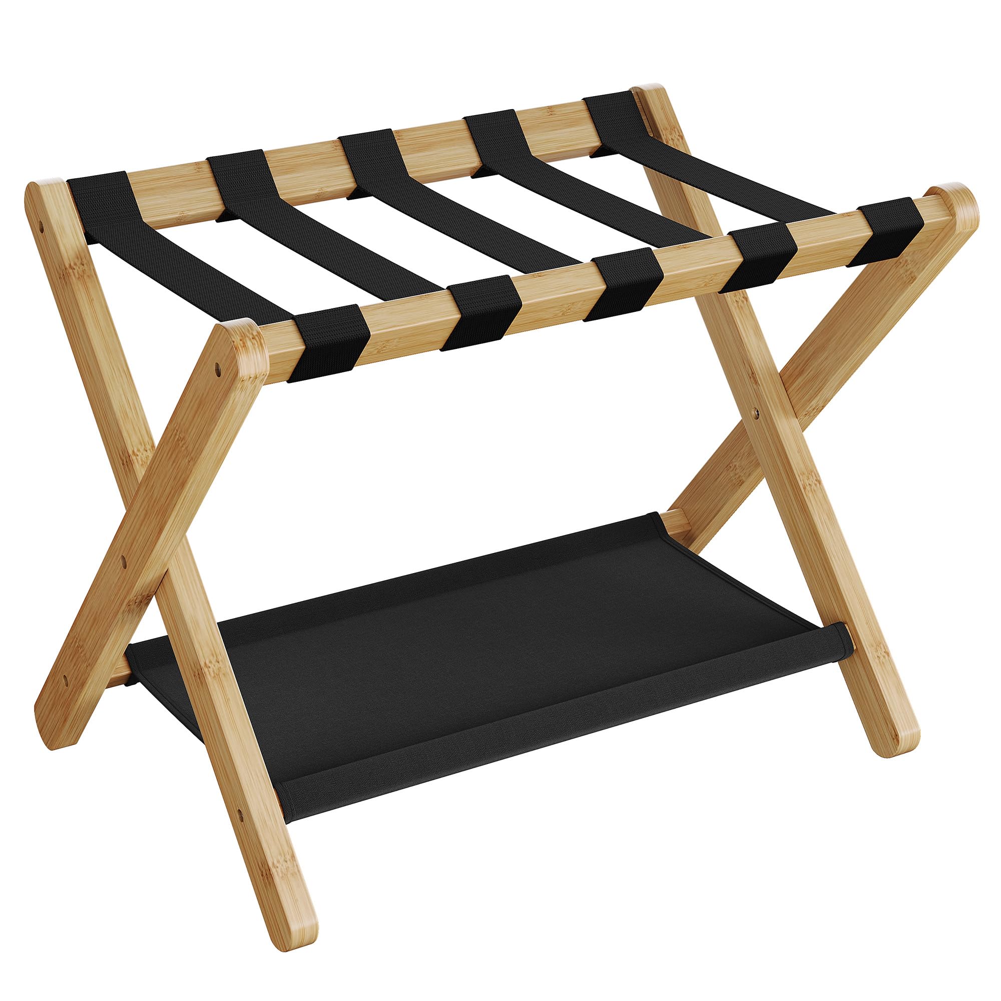 SONGMICS bamboo luggage rack front view shows sturdy platform and natural finish for neat packing