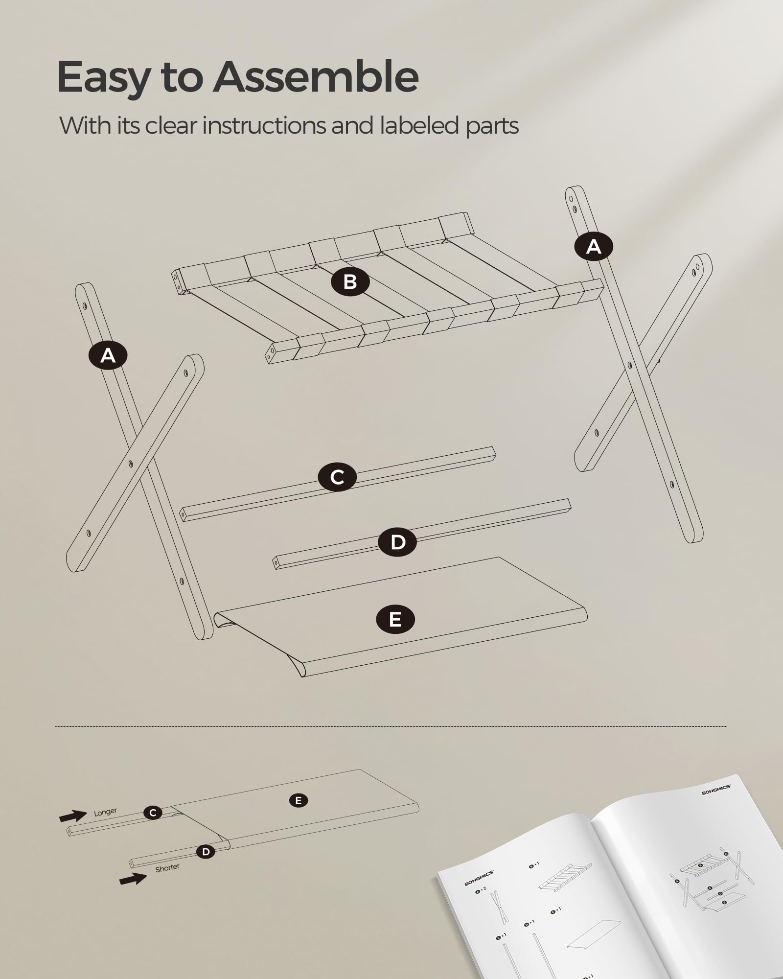 SONGMICS rack size comparison with 28-inch suitcase showing wide platform benefit