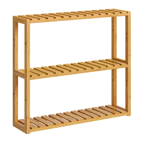 SONGMICS bamboo shelf front view showing tidy storage benefit