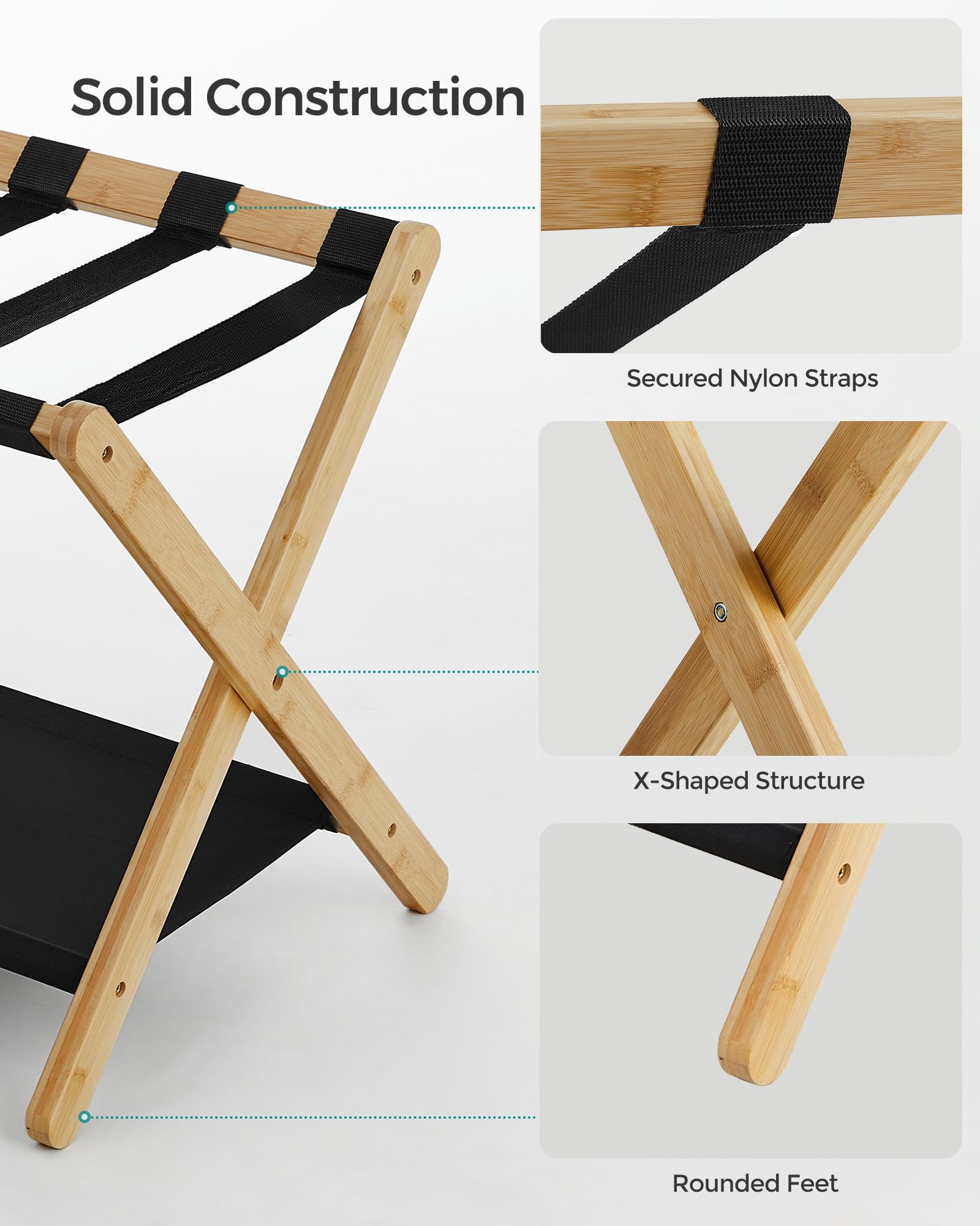SONGMICS close-up of top platform straps highlighting durable support for heavy suitcases