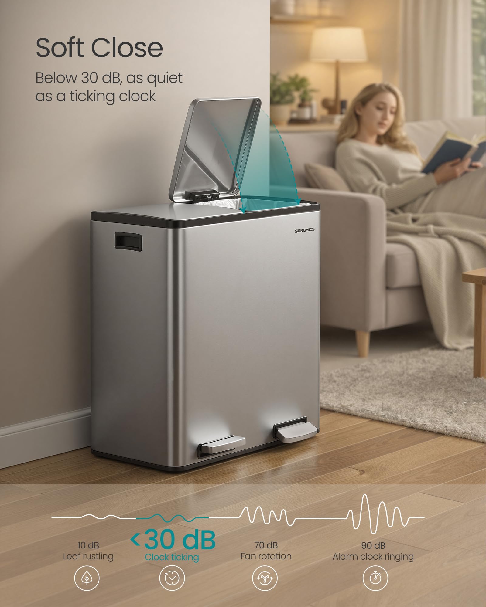 SONGMICS trash can in a kitchen setting demonstrating tidy waste separation and streamlined look