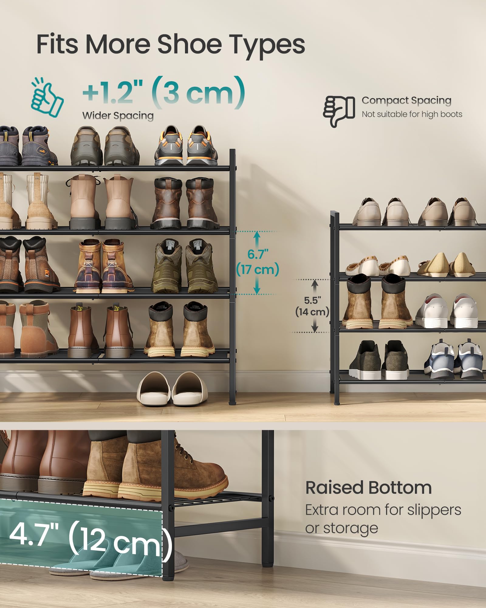 SONGMICS raised bottom shelf creating clearance for slippers and airflow