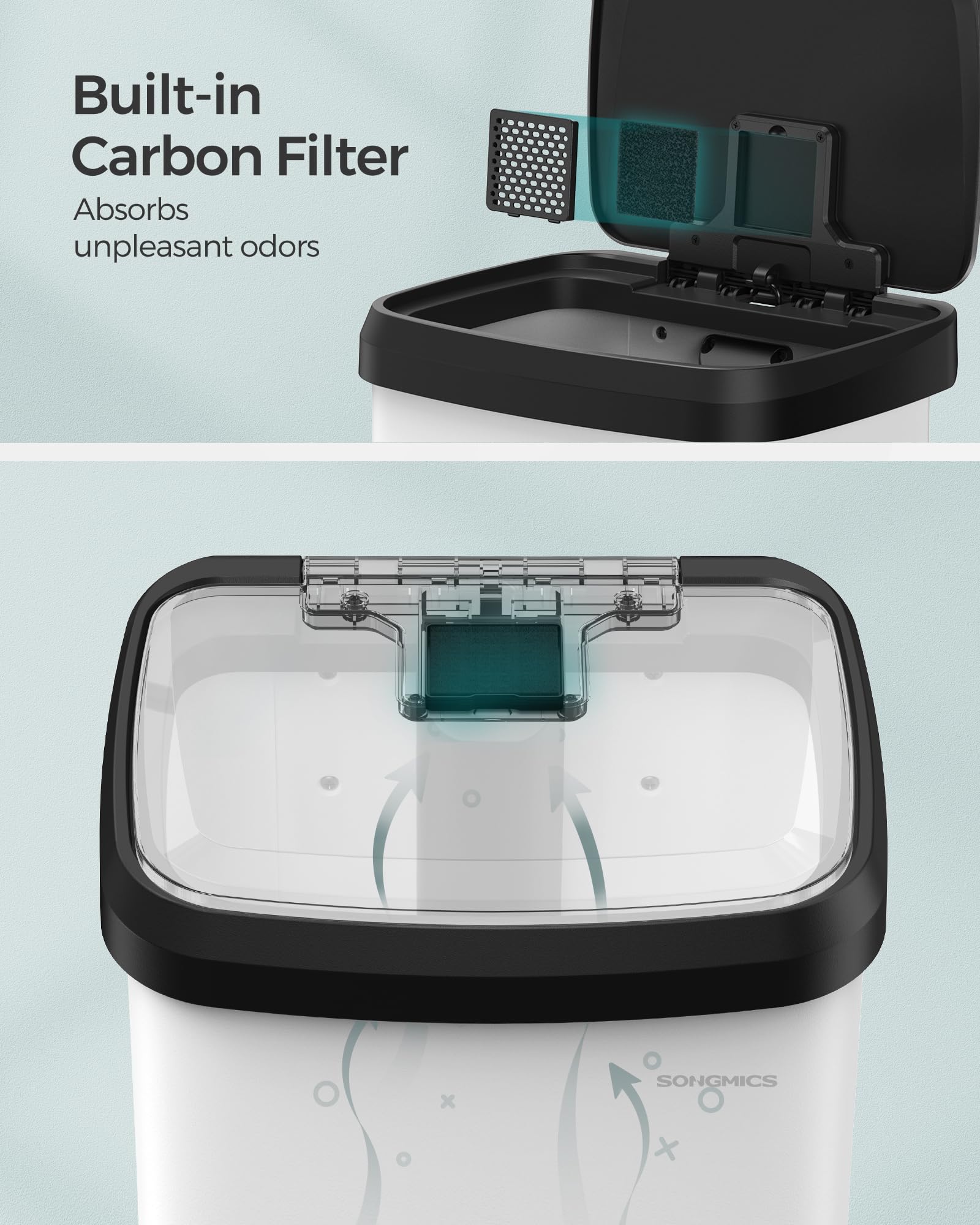 SONGMICS carbon filter in lid reducing kitchen odors effectively