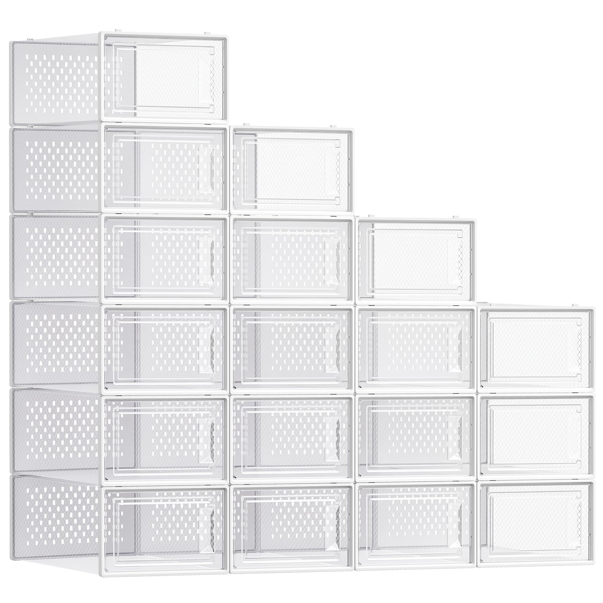SONGMICS front view of 18 clear shoe boxes for visible storage