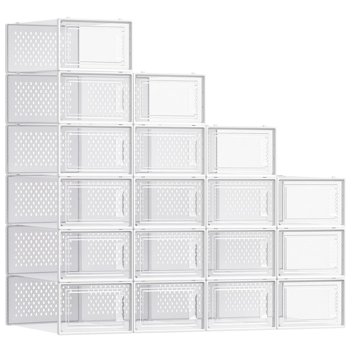 SONGMICS front view of 18 clear shoe boxes for visible storage