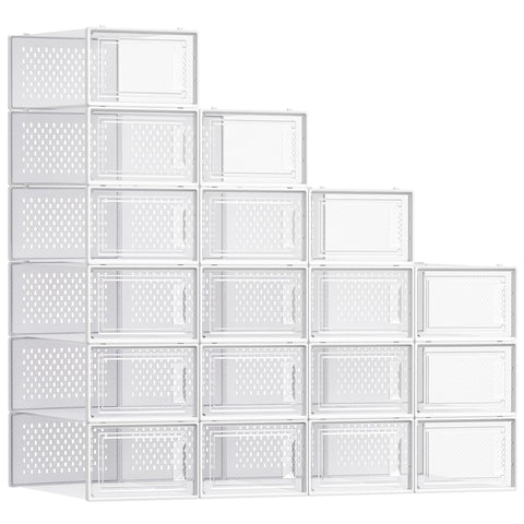 SONGMICS front view of 18 clear shoe boxes for visible storage