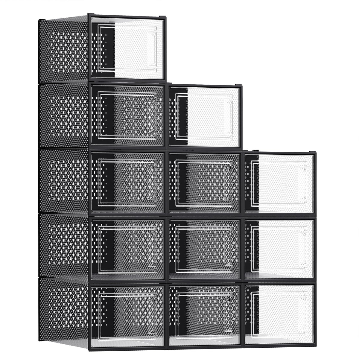 SONGMICS clear front view showing stacked boxes and easy selection benefits