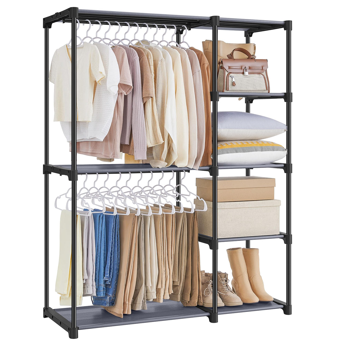 SONGMICS portable closet front view showing organized hanging space and shelves for quick access