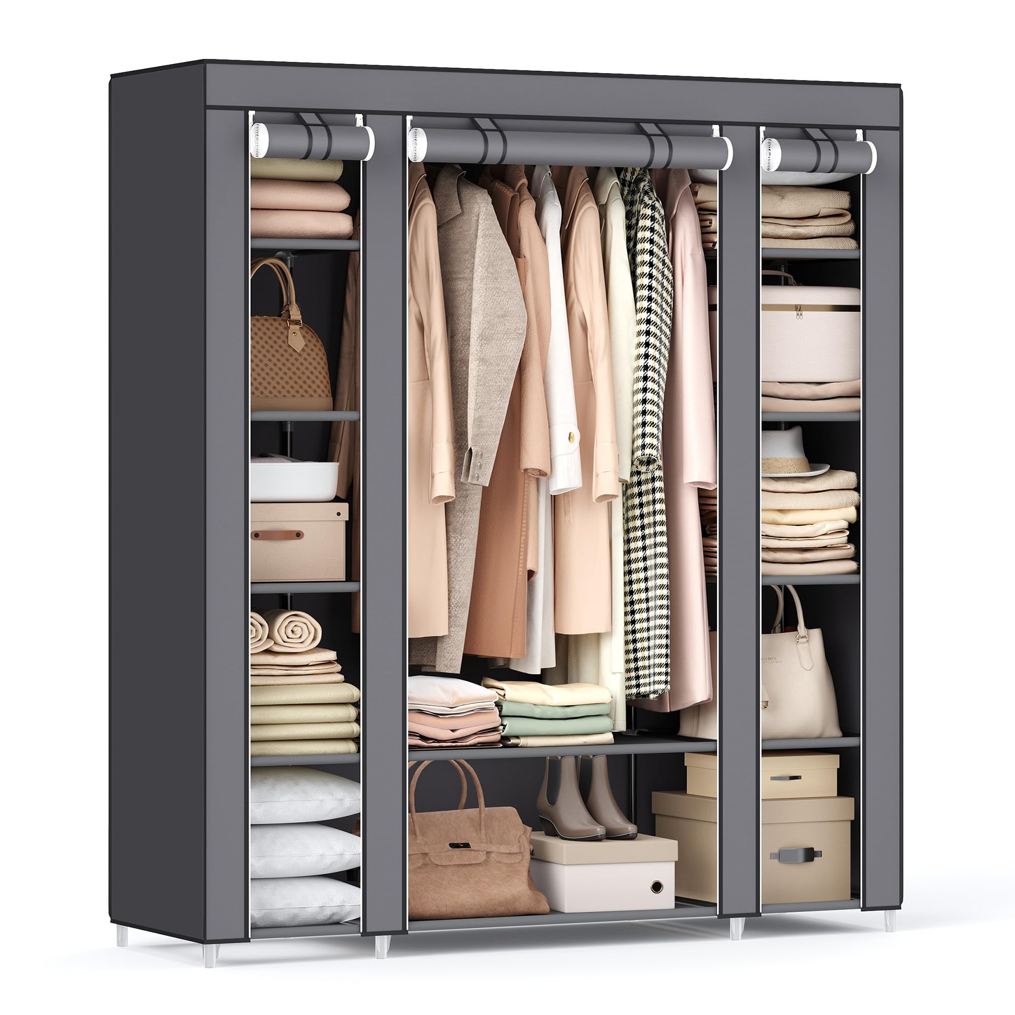 SONGMICS front view of portable closet showing organized clothing and dust protection