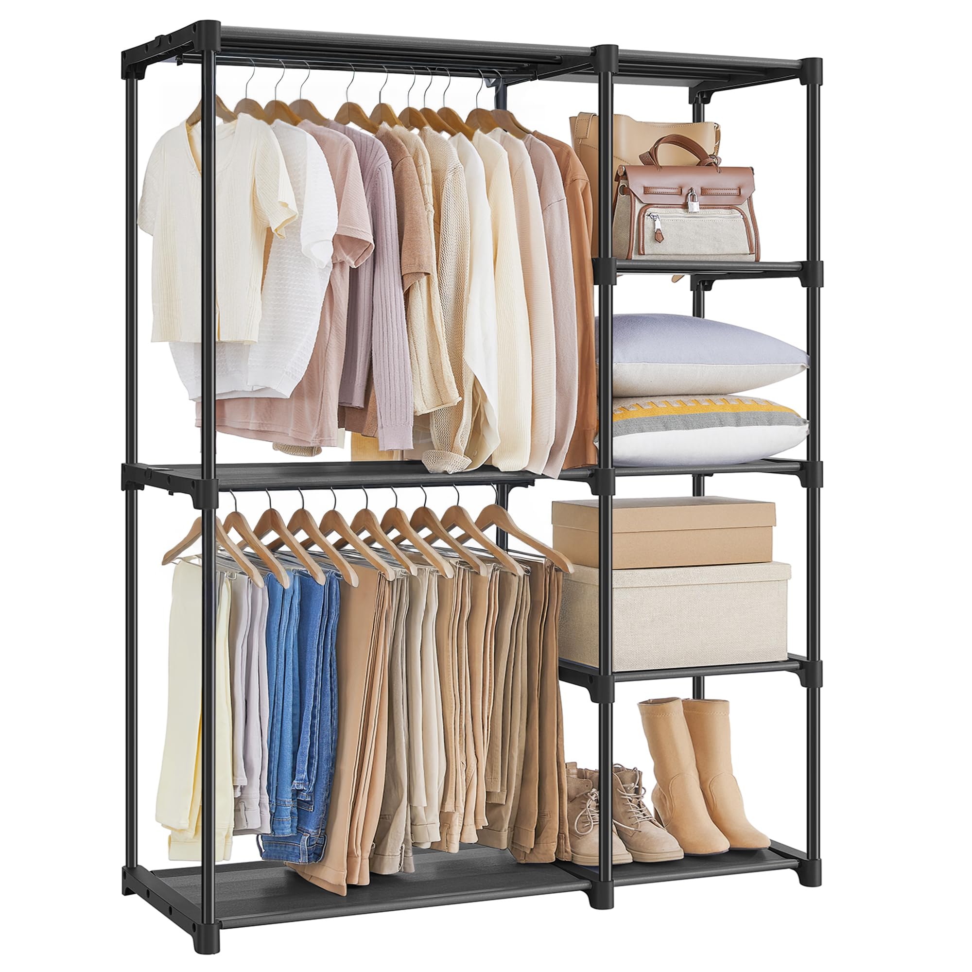 SONGMICS portable closet front view showing hanging rods and shelves for organized storage