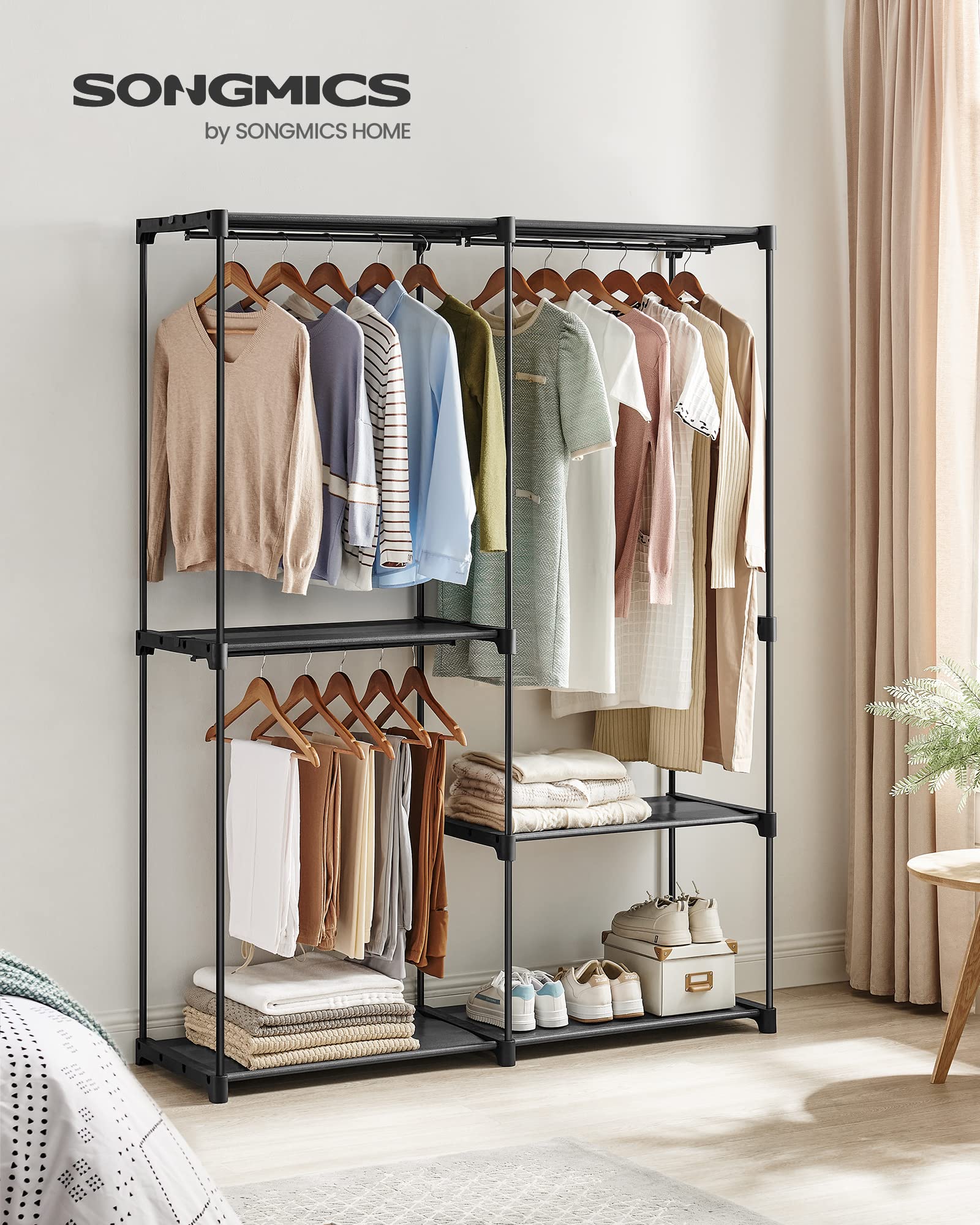 SONGMICS full shelves with folded clothes showing space optimization benefit
