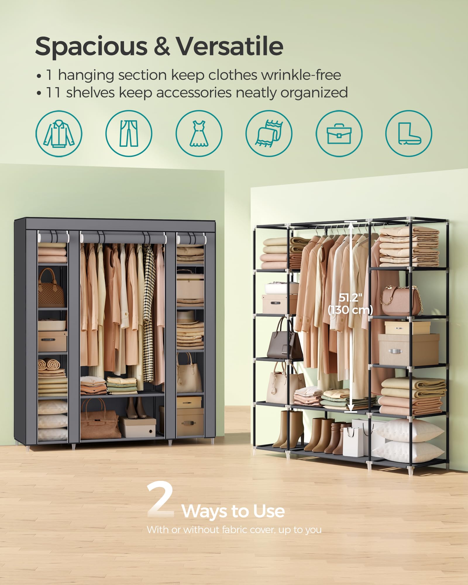 SONGMICS hanging rod loaded with garments demonstrating practical hanging capacity